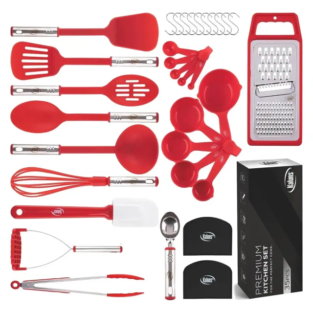 35 PCS Kitchen Utensils Set, Red – Nonstick & Heat-Resistant Nylon, Stainless Steel, Silicone Spatula – Kitchen Gadgets, Home Essentials & Accessories