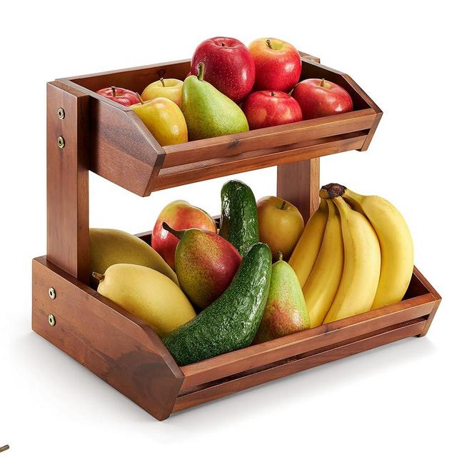 HOLANA Acacia Wood Fruit Basket - 2-Tier Fruit Bowl for Kitchen Counter, Large 14x10 in, Fruteros Para Cocina, Fruit and Vegetable Storage (2 Tier)