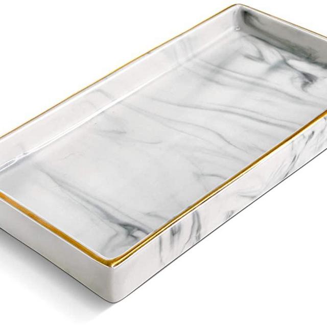 Ceramic Vanity Tray | Candle Tray with White Marble Finish | Jewelry Tray | Jewelry Dish, Marble Tray Decor, Perfume Tray for Dresser, Decorative Tray, Bathroom Tray, White Tray, Key Tray, Small Tray