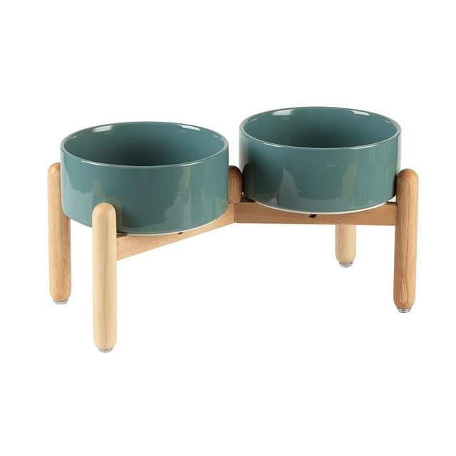 Havniva Ceramic 7.3inch Raised Double Bowls Set with Wooden Stand, Food & Water Bowls for Medium Breed Dogs, Weighted Dog Dishes, Pet Feeder(Dark Green)