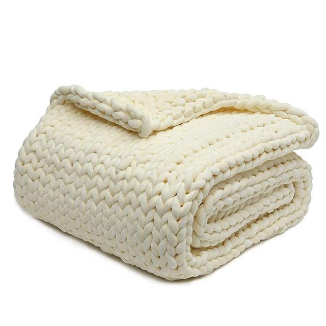 YnM Velvet Knitted Weighted Blanket, Hand Made Chunky Knit Weighted Throw for Sleep, Stress or Home Décor, Rest and Relax in Style with YnM's Handmade Weighted Blankets (Cream, 60''x80'' 15lbs)