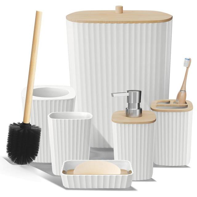 Clara Clark Bathroom Set - White Bathroom Accessories Set, 6PC Bathroom Accessory Set, Bathroom Sets with Toilet Brush, Trash Can & Soap Dispenser
