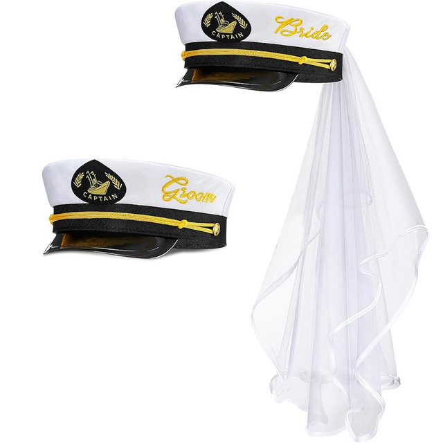 Geyoga 2 Pcs Groom Bride Captain Hat with Veil Bachelor Party Hat Captain Hat Bride Gift for Wedding Bridal Shower Honeymoon