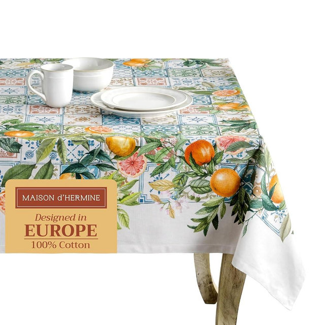 Maison d' Hermine Table Cloth Rectangle Table 100% Cotton 60 x 90 Inches Tablecloth Reusable Decorative Everyday Use for Dining Room, Farmhouse, Home, Party, Festive & Wedding Spring Summer - Agrume