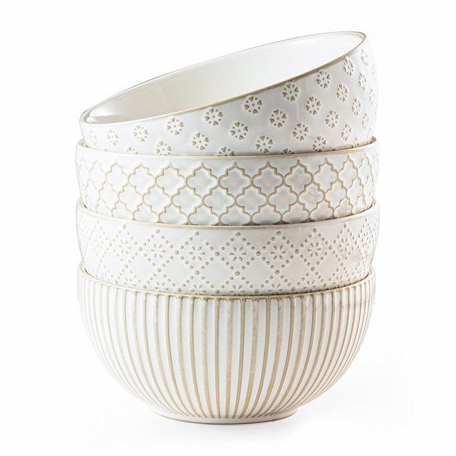 MIKIGEY Ceramic Soup Bowls 30 OZ, Cereal Bowls Set of 4 for Kitchen, Stoneware Bowls with Embossment, Farmhouse Vintage Bowls for Cereal, Soup, Rice, Salad, Fruits, Arctic White