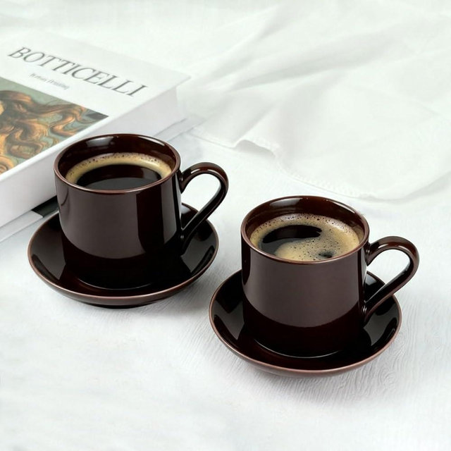Porcelain 3.5oz Espresso Cups Set of 2 with Matching Saucer, Ceramic Demitasse Espresso shot Cups for Turkish, or Italian Coffee- Microwave Dishwasher Safe,Brown