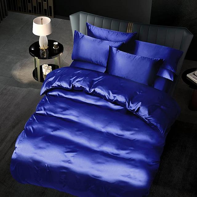 Manyshofu 6Pcs Royal Blue Duvet King Size Cover Set with Satin Fitted Sheet - Not Comforter, Cooling & Silky Comforter Cover Set Satin Duvet Bed Sheets (4 Pillowcases, 1 Duvet Cover, 1 Fitted Sheet)