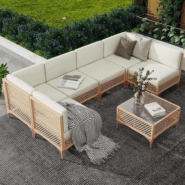 LYNSLIM Outdoor Patio Furniture Set, Wicker Outdoor Sectional Set, Boho Patio Conversation Sectional Sofa with Large Tempered Glass Coffee Table and Waterproof Cushion (7-Piece Thickened)