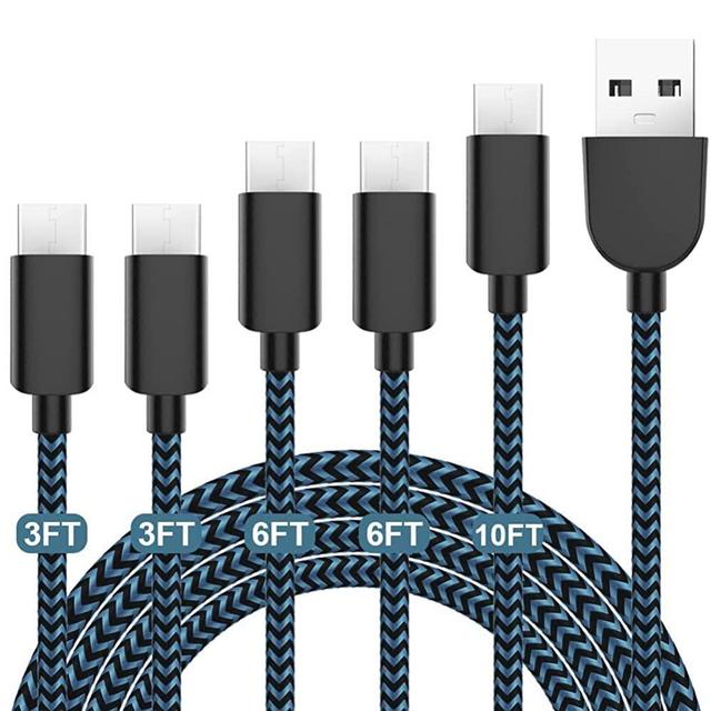 5Pack (3/3/6/6/10FT) Fast Charging 3A USB-C to USB-A Cable Rapid Charger Quick Cord Compatible Samsung Galaxy S10 S9 S8 Plus, Note 10 9 8, LG V50 V40 G8 G7(Blue)