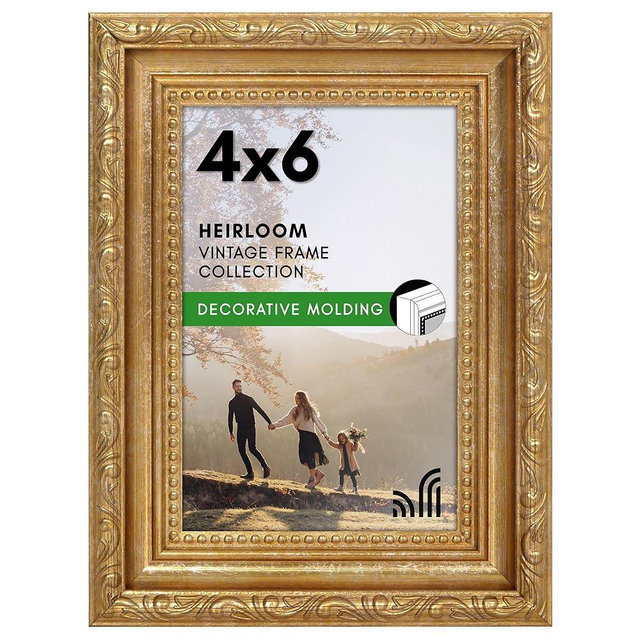 Americanflat 4x6 Picture Frame with Shatter-Resistant Glass - Vintage Frames with Easel - Ornate Picture Frames for Wall and Tabletop Display - Gold