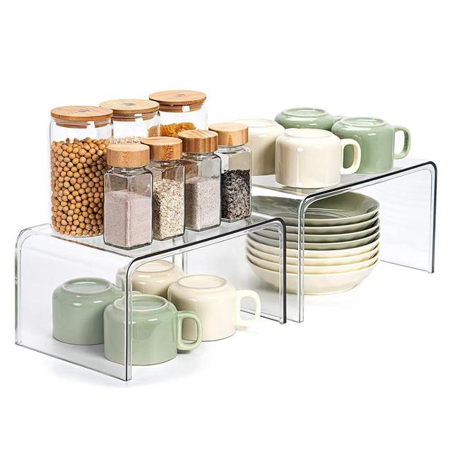 Clear Cabinet Organizer, Shelf Organizer 2 Sets for Kitchen Organizers and Storage, Display Pantry Cabinet Shelf, Room Decor Countertop Desk Organizer Shelves, Patented Spice Organization for Cabinet