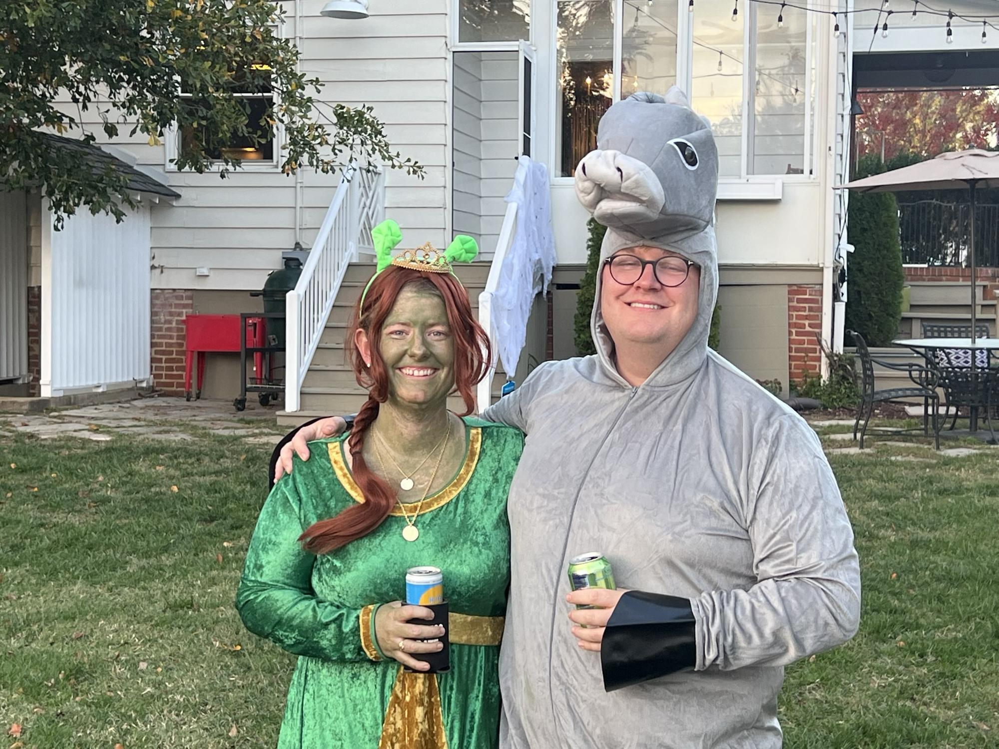 Princess Fiona (ogre version) and Donkey, Halloween 2022.