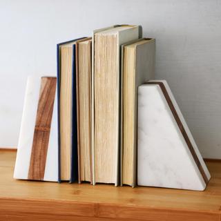 Marble Geometric Bookends with Wood Inlay