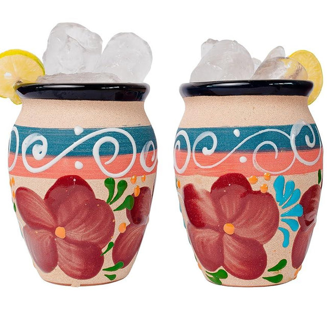 Cantaritos de Barro Mexicanos - Set of 2 Authentic Mexican Clay Mugs 14 oz - Jarritos de Barro Mexicanos - Clay Cups Tazas de Barro - Vasos de Barro for Drink Tequila (Navy Blue Rim Flowers Desing)