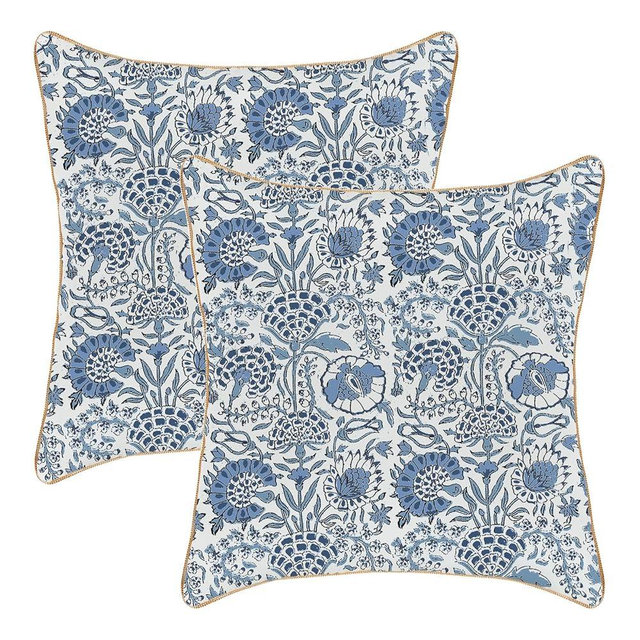 OFIRD Floral Pillow Covers 18x18 Pack of 2 Blue Block Print Floral Decorative Throw Pillow Covers Outdoor Decoration,Boho Decorative Blue Flower Pillowcase Farmhouse Cushion Case for Home Sofa Couch