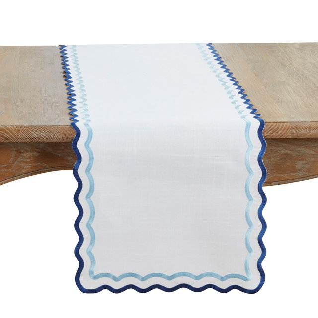 Saro Lifestyle Scalloped Border Table Runner, 16"x72", Blue