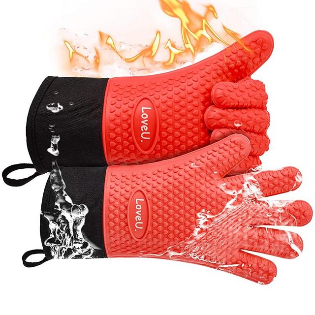 Loveuing Kitchen Oven Gloves - Silicone and Cotton Double-Layer Heat Resistant Oven Mitts/BBQ Gloves/Grill Gloves - Perfect for Baking and Grilling