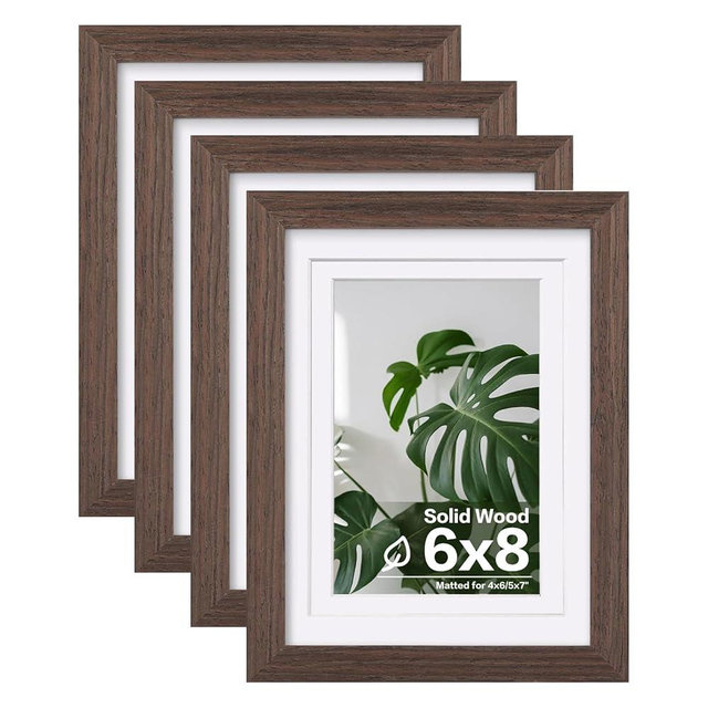 Egofine 6x8 Picture Frames Set of 4, Made of Solid Wood Covered by Plexiglass 4x6 and 5x7 with Mat or 6x8 without Mat, for Table Top Display and Wall Mounting Photo Frame Brown