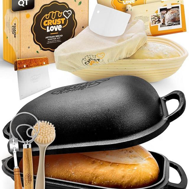 CRUSTLOVE Cast Iron Bread Pan with Lid - incl. Sourdough Bread Baking Supplies like Banneton Bread Proofing Basket - 7.2QT Bread Oven Dutch Oven for Bread Baking Cast Iron Pan Scoring Tool Lame