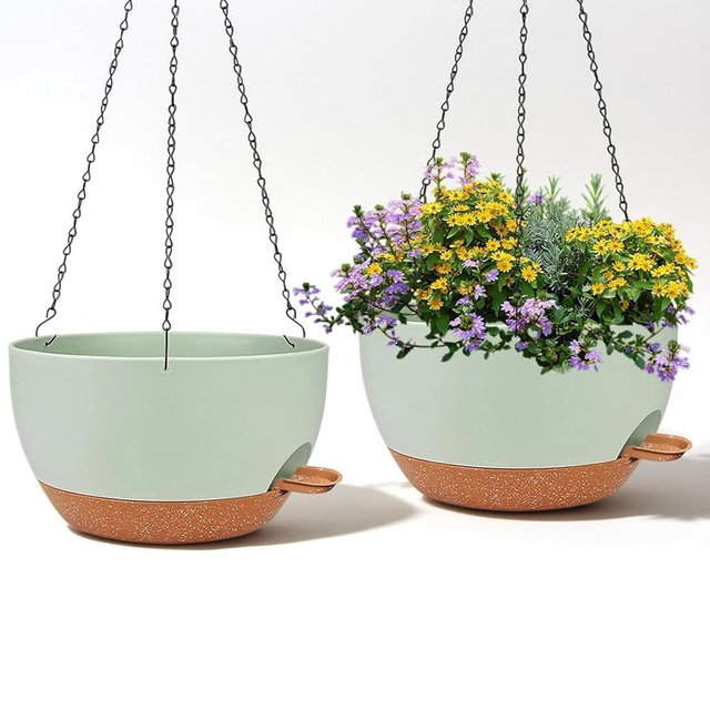 zople 2 Pack 12 Inch Large Hanging Planters with Chains Self Watering Green Brown Plastic Hanging Pots for Indoor Outdoor Plants, Garden Porch Home Decor，Green Brown