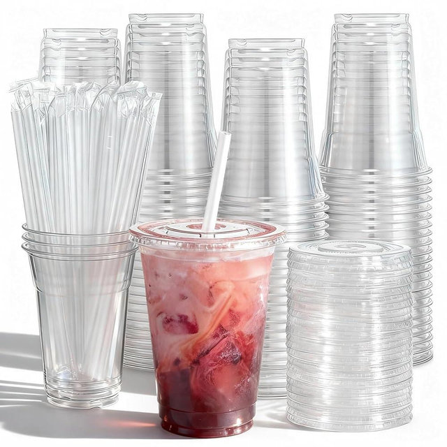 Voatree 110 Packs 16oz Plastic Cups with Lids and Straws,Sturdy & Food Safe Disposable Coffee Cups,Clear Iced Cups For Coffee Bar,Party, To Go Drinking