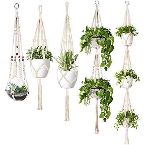 Mkono Macrame Plant Hanger Set of 5 Indoor Wall Hanging Planter Basket Flower Pot Holder Boho Home Decor Gift Box