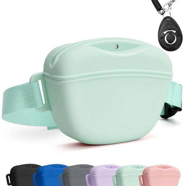 heouvo Dog Treat Pouch with Training Clicker, Upgrade Stronger Magnetic Closure to Avoid Spilling, 1.67 Cup Silicone Treat Bag Fanny Pack with Waist Belt for Pet Training Walking (Green)