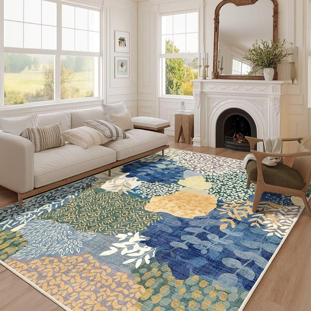 DEXDE Blue Area Rugs 5x7 Tropical Washable Non-Slip Abstract Leaf Floral Boho Soft Rug for Living Room Bedroom Botanical Large Carpet for Entryway, Kids Playroom, Office Decor