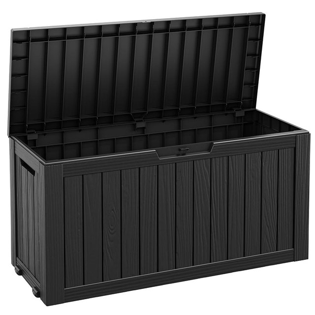 Fancyango 75 Gallon Outdoor Deck Box Waterproof, Large Storage Box for Patio, Resin Storage Bench Lockable for Garden Tools, Package Delivery, Black