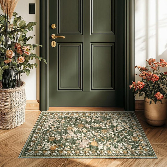 jinchan Green Spring Floral 2x3 Rug Entryway Vintage Washable Indoor Doormat Accent Rug Lightweight Soft Small Non-Slip Low Pile Distressed Carpet for Entrance Kitchen Bedroom Bathroom