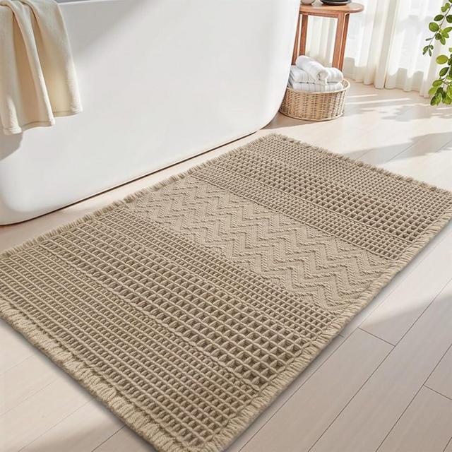 AMOAMI Waffle Bath-Mat, Super Absorbent Bath Mats for Bathroom, Boho Bathroom Rugs Non Slip Washable, Ultra Soft Bathroom-Mat with Tassels Bath Rugs for Floor Mat, 20" X 32" Brown