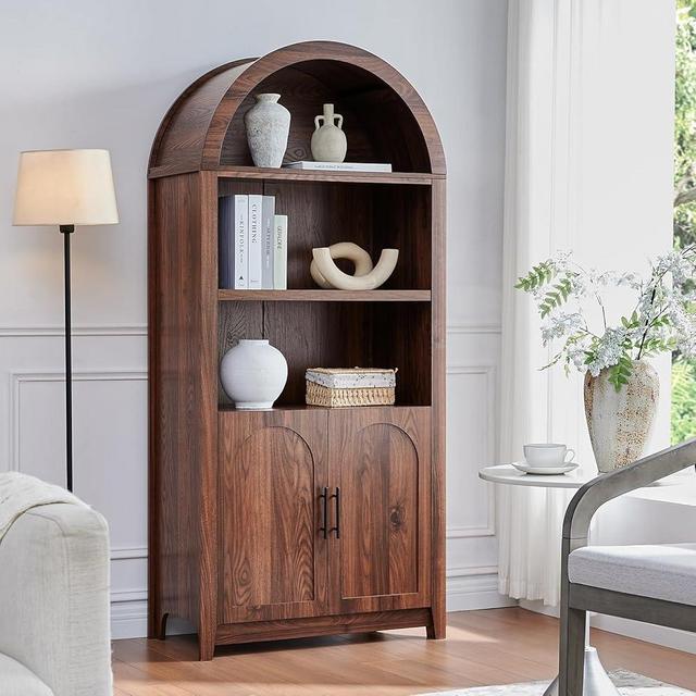 RowyPoey Arched Cabinet Bookshelf Bookcase - 69.3” Tall Mid Century Arched Display Cabinet, Rounded Bookshelf, Open Shelf Storage Cabinet for Dining Room (Walnut)