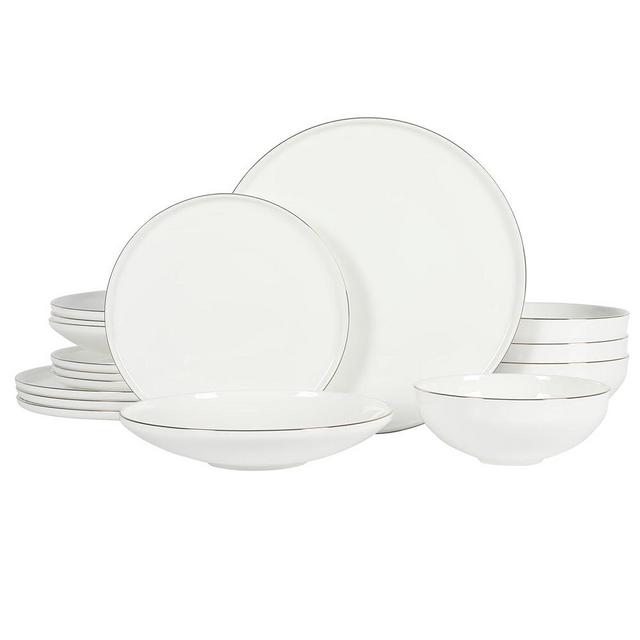 Gibson Elite Lana 16 Piece Bone China Double Plates and Bowls Dinnerware Set, White w/Gold Rim