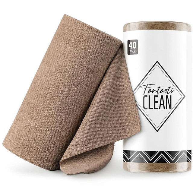 Fantasticlean Microfiber Cleaning Cloth Roll -40 Pack, Tear Away Microfiber Towels, 12" x 12", Reusable, Washable, Scratch Free, Ultra Absorbent Dish Rags for Car, Home, Garage or Shop (TAN)