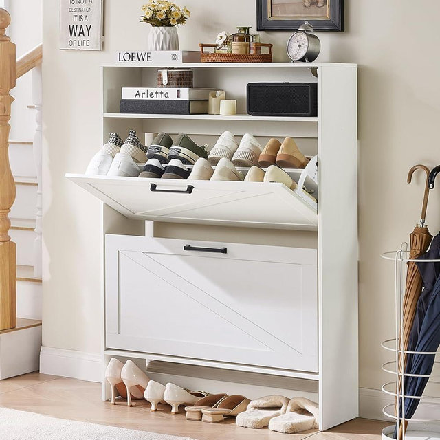 RWYHG Shoe Storage Cabinet with 2 Flip Drawers,Farmhouse Narrow Shoe Organizer with Legs,Freestanding Hidden Slim Shoe Rack Cabinet with Open Storage for Entryway,Hallway, Foyer, White