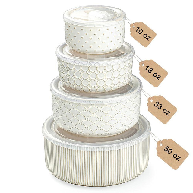 MIKIGEY Mixing Bowls with Lids Set of 4, Ceramic Nesting Bowls, Embossed Mixing Bowl Set for Food Storage, Prep Bowl, Gift, Microwave and Dishwasher Safe, 10/18/33/50 OZ, Off-White