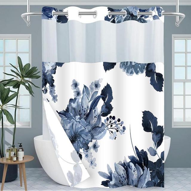 SSCRCUSLY No Hook Shower Curtain with Snap in Liner Set, Blue Floral and White Modern Hotel Style Fabric Inner Liner for Bathroom, 71x74 Inches