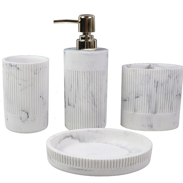 Hymmah Marble Bathroom Accessories Set,Farmhouse Bathroom Decor,4 Pcs Resin Gift Set Apartment Necessities, Contain Cotton Swab Jar,Soap Dispenser,Tumbler，Soap Dish/Tray