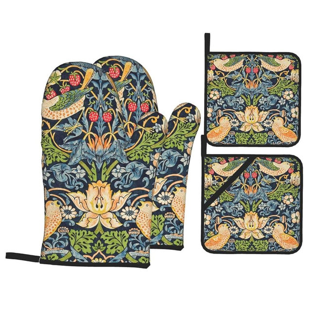 William Morris Strawberry Thief Floral Oven Mitts and Pot Holders 4 Pcs Set,High Heat Resistant 500 Degree Extra Thicken Long Kitchen Cotton Oven Glove for Cooking