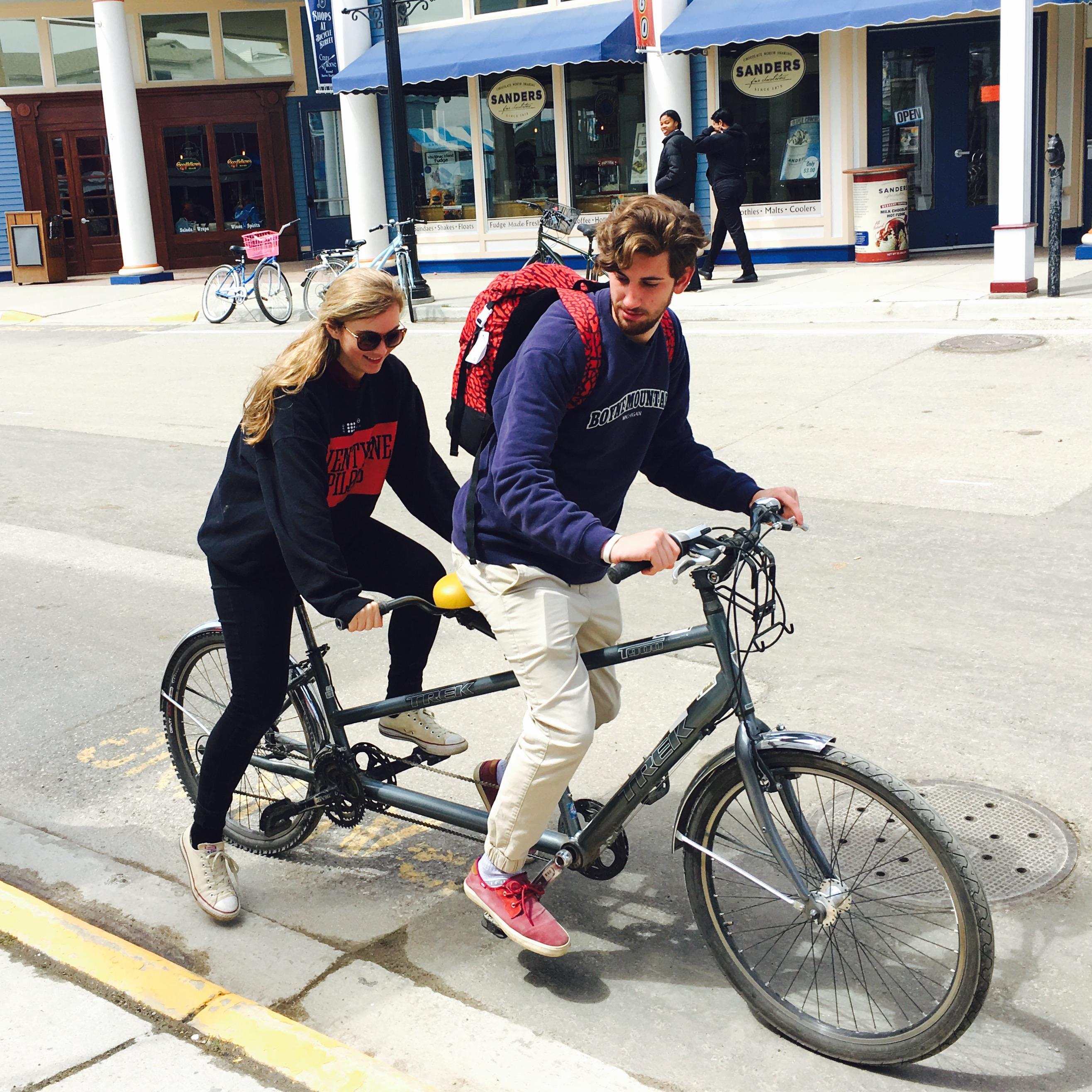 trying a tandem bike in Mackinac Island, May 2015