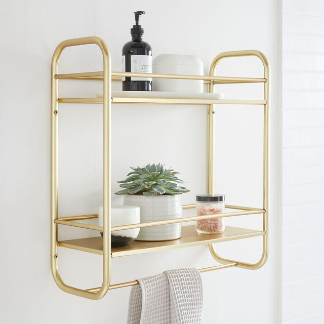 Deco Curve Metal Wall Shelf, Double, Antique Brass, Metal, 20"x22"