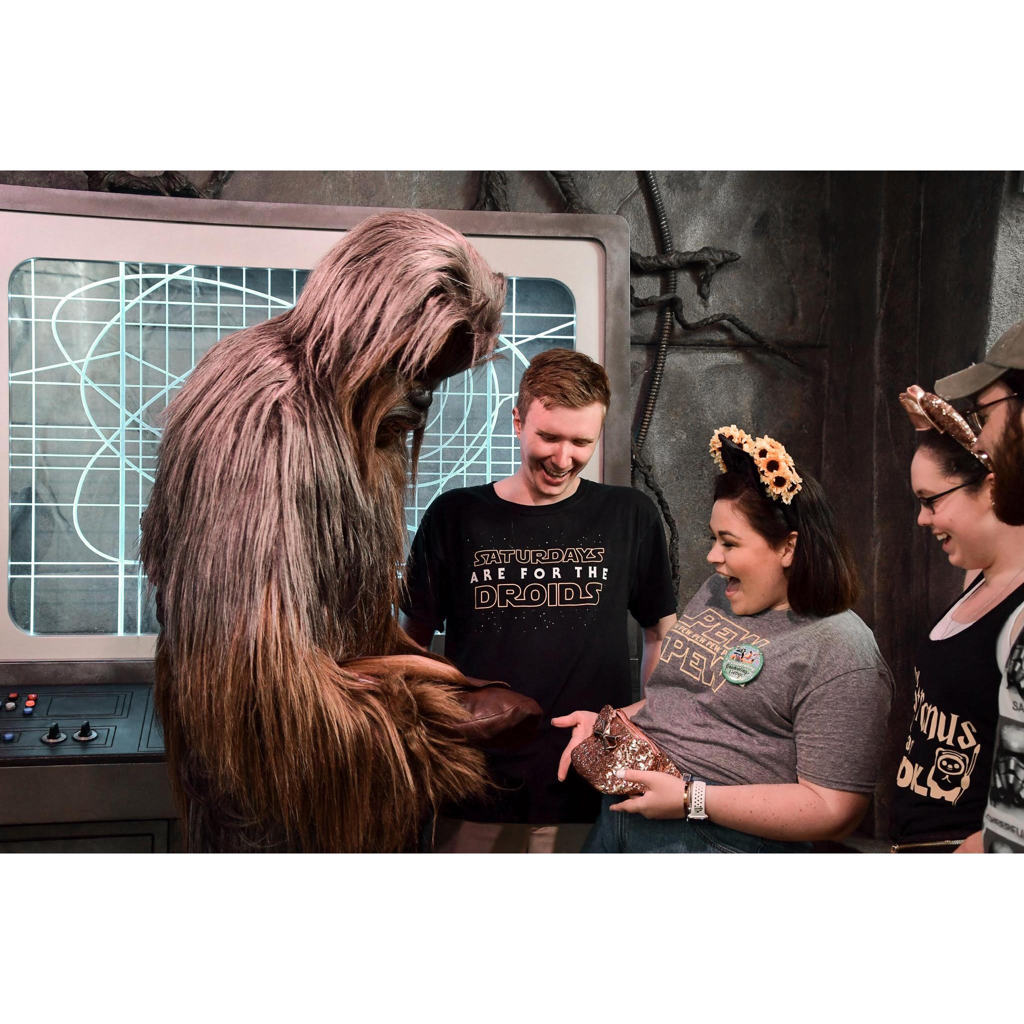 Bonding with Chewbacca over our fanny packs