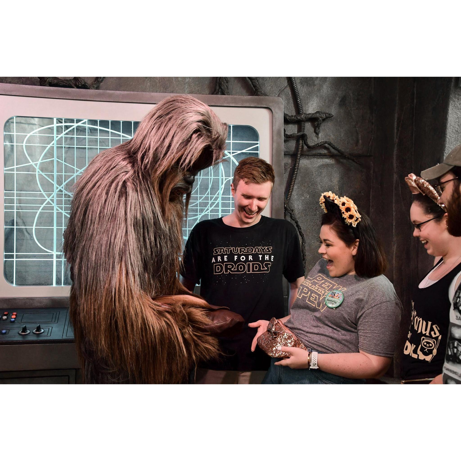 Bonding with Chewbacca over our fanny packs