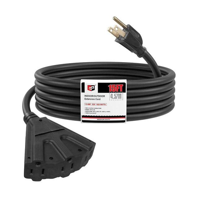 EP 15 Ft Outdoor Extension Cord with 3 Electrical Power Outlets - 16/3 SJTW Black Cable with 3 Prong Grounded Plug for Safety Great for Christmas Lights, Garden and Major Appliances