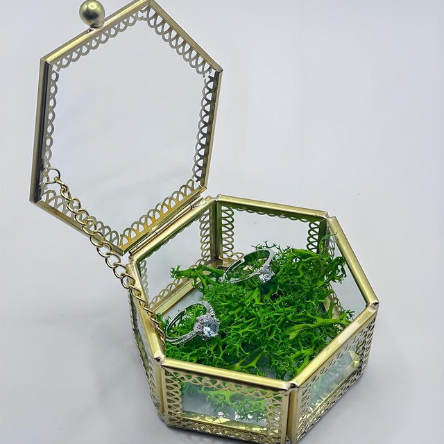 WHSLILR Vintage Glass Jewelry Box - Hexagon Keepsake Box for Storage Ring Earring Trinket, Jewelry Organizer and Decorative Box Gift for Women & Girls GRB004-Gold