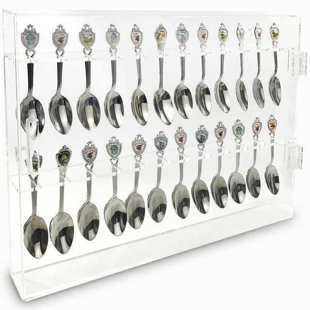 Ikee Design Premium Acrylic 24 Souvenir Spoon Display Case, Wall Mountable or Tabletop, Magnetic Door Closure, 13.875 x 1.75 x 10.875 Inches
