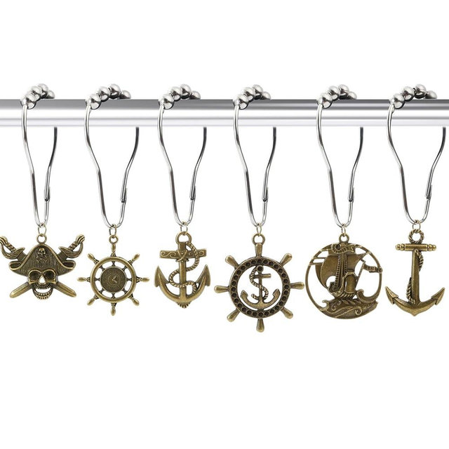 INSYOHO Nautical Shower Curtain Hooks 12-Pack - Antique Bronze Boat-Themed Bathroom Hooks with Anchor, Pirate, Helm & Sailboat Designs for Coastal Beach Decor, Durable Nautical Bathroom Accessories