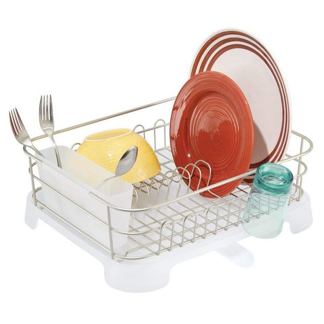 mDesign Large Kitchen Countertop, Sink Dish Drying Rack with Removable Cutlery Tray and Drainboard with Adjustable Swivel Spout - 3 Pieces, Satin Wire/Clear Frost Plastic Cutlery Caddy Drainboard