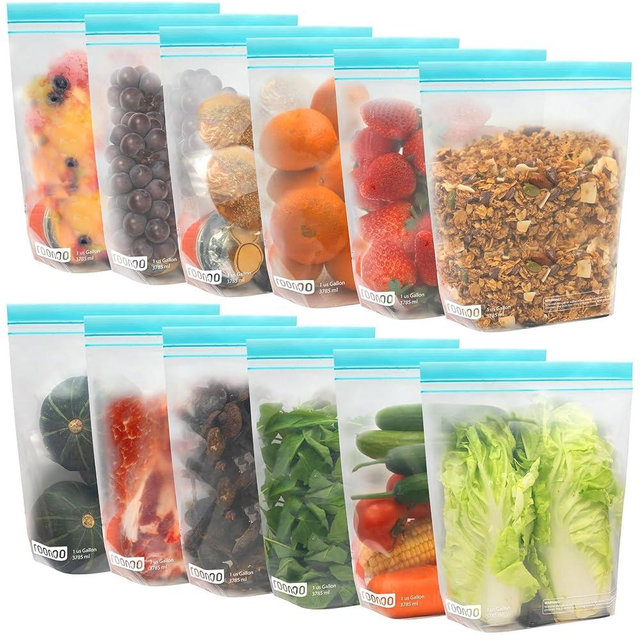 roonoo 12 Pack Reusable Gallon Freezer Bags, Dishwasher Safe BPA Free Food Storage Bags, Extra Thick Leakproof Plastic Ziplock Bags for Meal Prep Fruits Sandwich Snack
