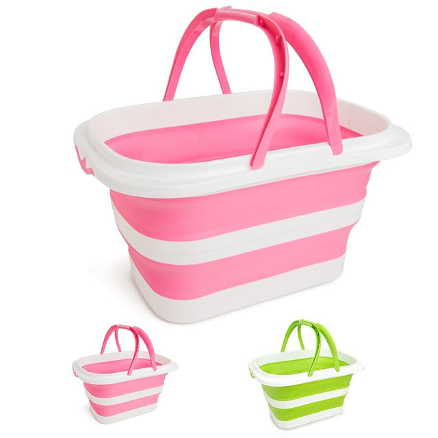 XXFLOWER Large Collapsible Bucket for Cleaning, 4.2 Gallon (16L) Silicone Bucket with Handle & Hanging Hole, Foldable Space-Saving Mop Bucket for Home, Storage. Car Wash, Camping, Beach (Pink White)